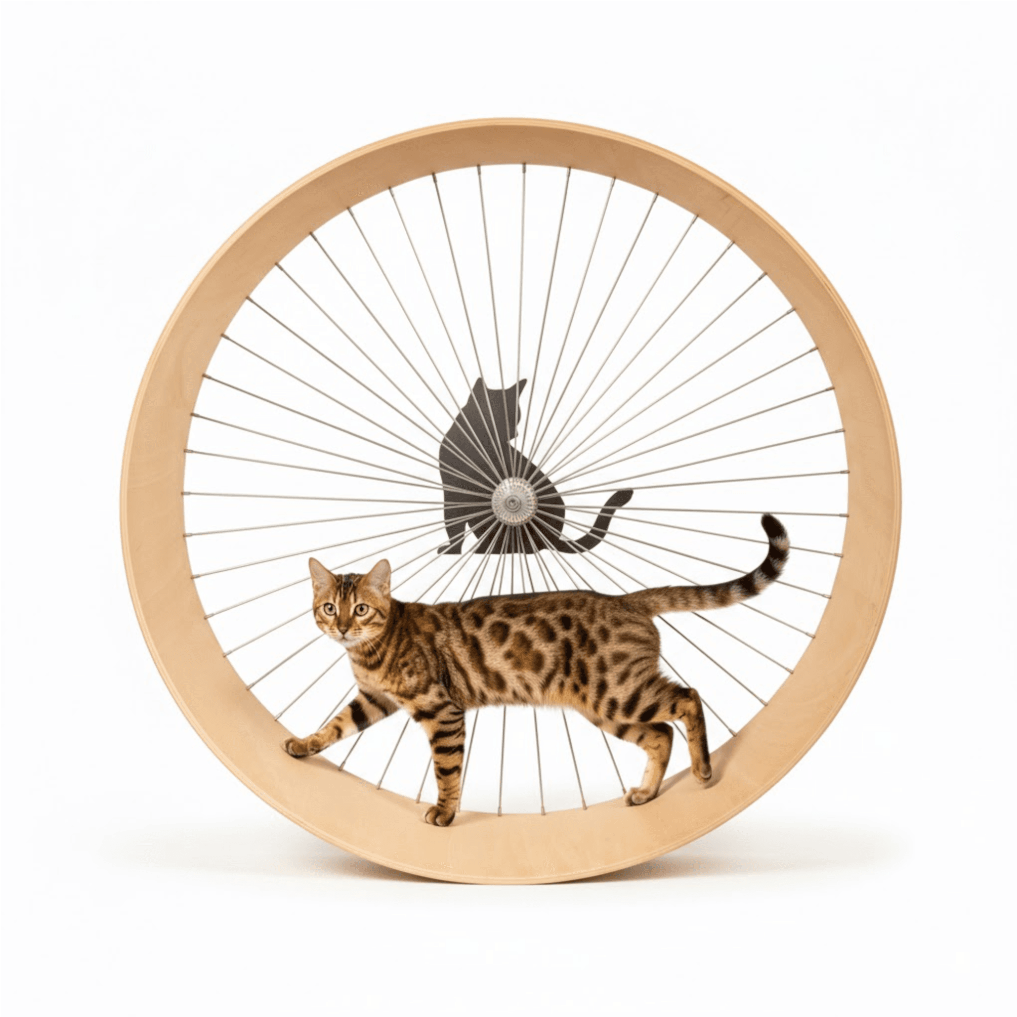 Active cat running safely on a 114cm ergonomic wooden exercise wheel